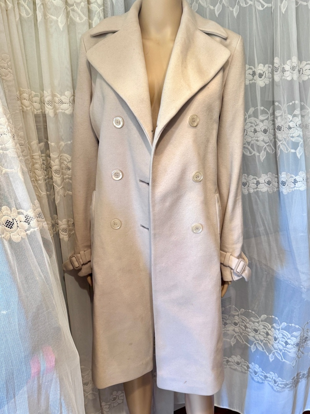 Kenneth Cole Double-Breasted wool Trench Coat in Light Beige sz 6